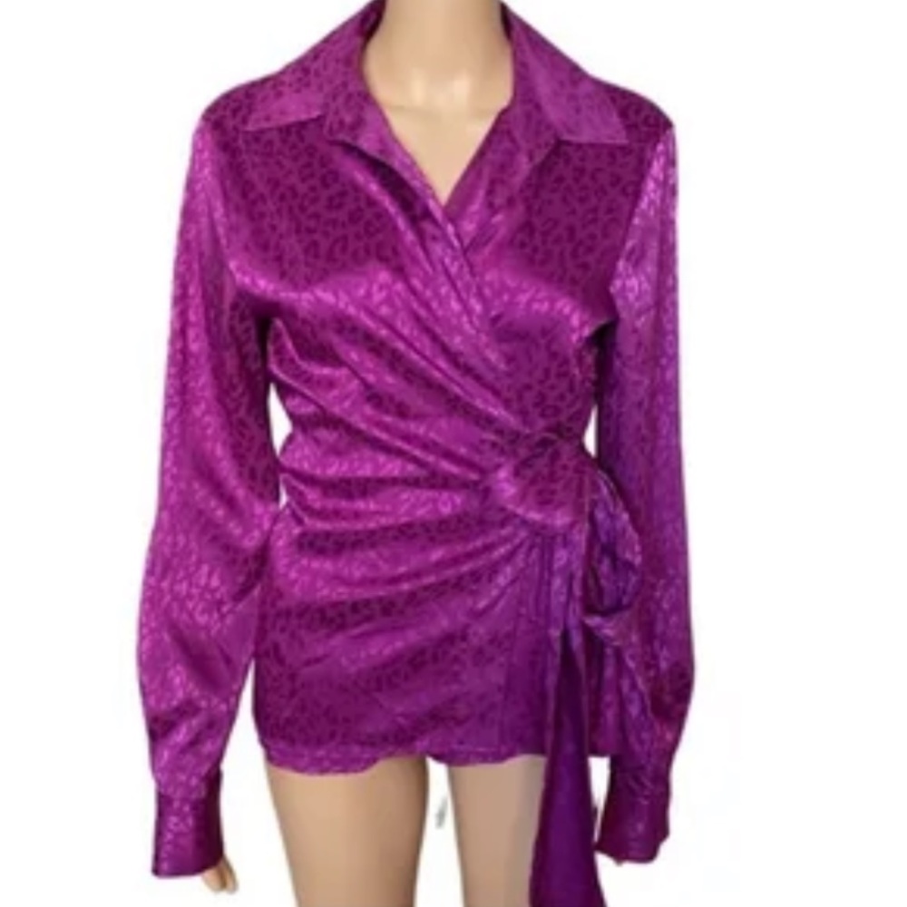 Anne Klein Magenta Satin Wrap Blouse